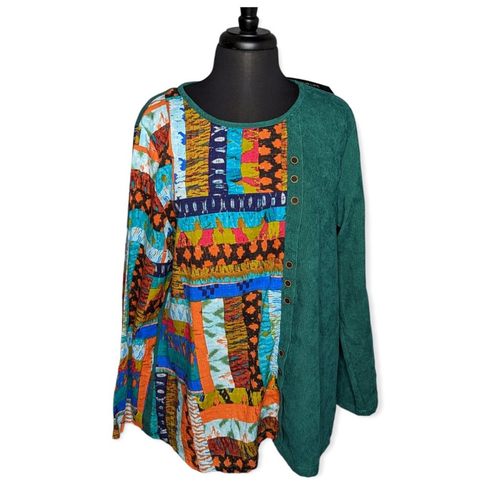 NWT Gracila Dark Green Corduroy & Sheer Long Sleeve Tunic Size 2X